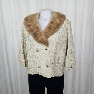 Vintage Cream Short Ribbon Jacket With Tan/Brown Real Fur Mink Collar Medium